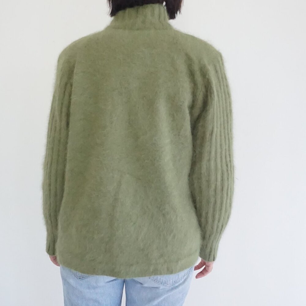 Vintage Carrie A Lee Olive Green Angora Button Up Sweater Cardigan M L - Picture 2 of 9